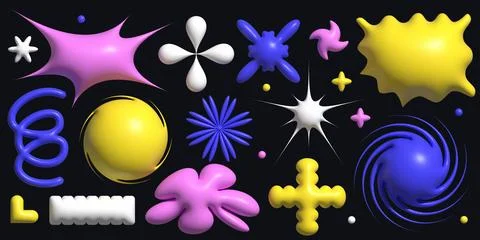 Y2k neo brutalist 3d shape element set, abstract retro figures, colorful modern Stock Illustration