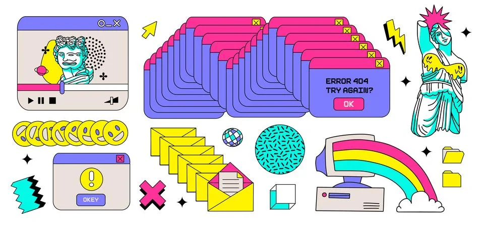Y2k neon old computer aestethic elements set. Retro pc panels, user interface Stock Illustration