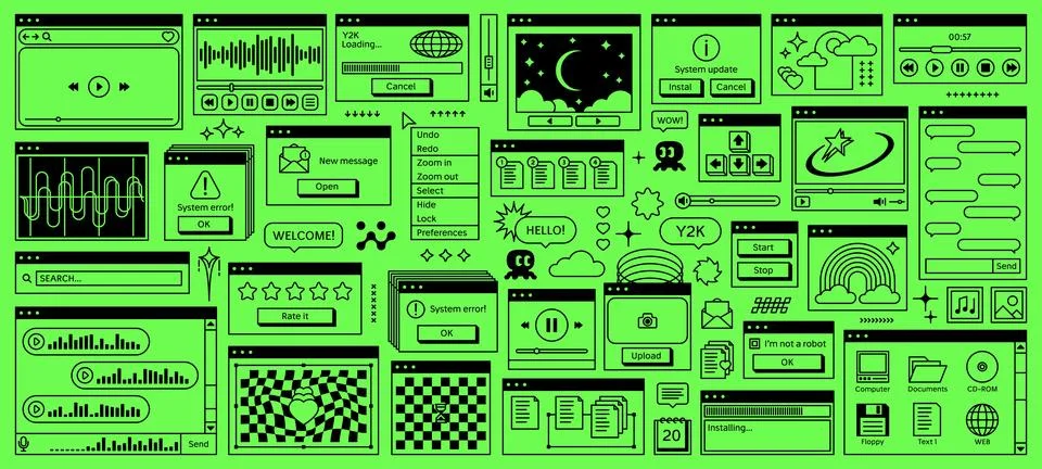 Y2K neon pixel browser window panels interface Illustrazione stock