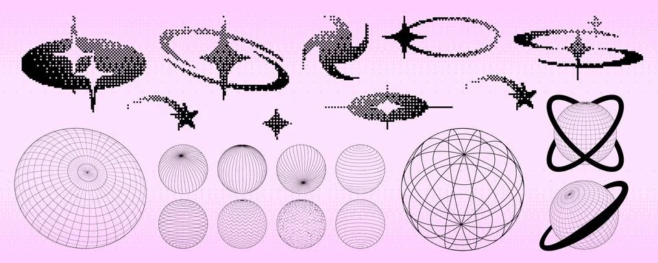 Y2K pixel art set with bitmap stars and spheres Stock Illustration