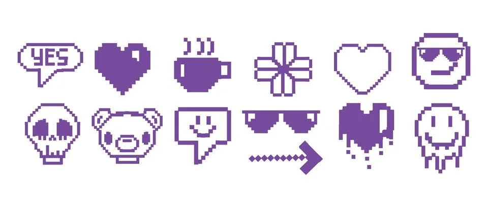 Y2k pixel game icon set, vector retro smiling sticker kit, funny cyber Stock Illustration