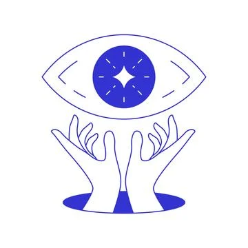 Y2k psychedelic all seeing eye with human hands from hole blue line icon ve.. Ilustración de archivo