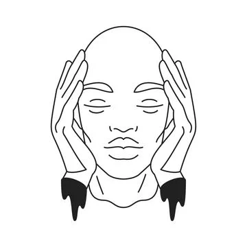 Y2k psychedelic future man head with melting hand outline black icon vector f Stock Illustration