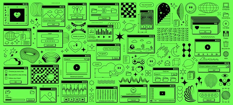 Y2k retro computer window stickers, browser pages Illustrazione stock