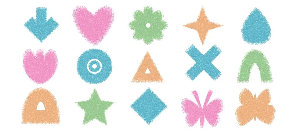 Y2k retro gritty gradation triangle, drop and arrow with flower forms. Sand Stock Illustration