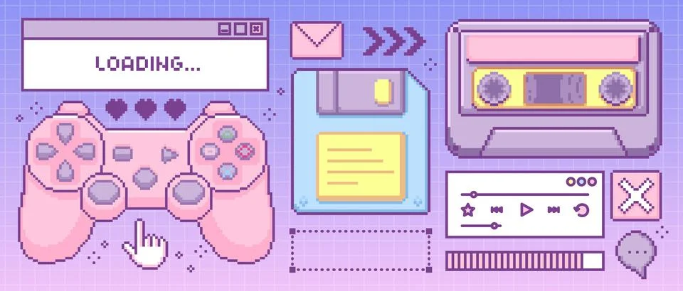 Y2k retro pixel game elements in pastel colors Stock Illustration