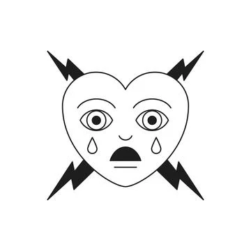 Y2k sad crying heart with lightning monochrome line cartoon character groov.. Stock Illustration