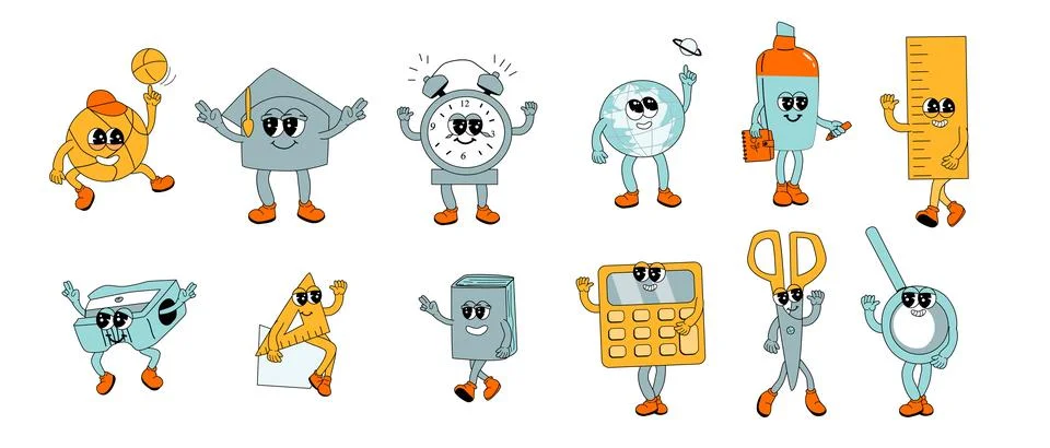 Y2k school characters set. Collection of school groovy supplies Stock Illustration