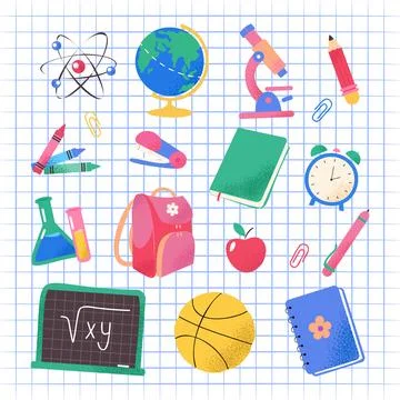 Y2k school elements set, y2k school elements, y2k school and education set Stock Illustration