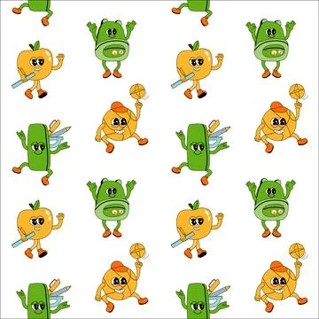 Y2k school groovy seamless pattern. Childrens pattern with school supplies and Stock Illustration