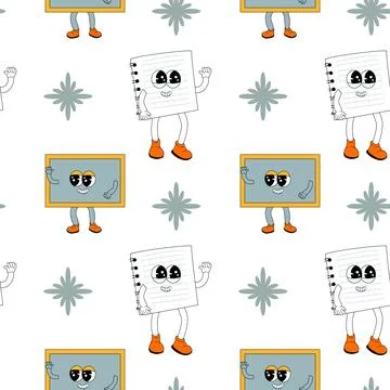 Y2k school groovy seamless pattern. Childrens pattern with school supplies and Stock Illustration