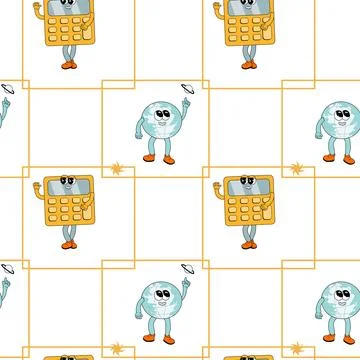 Y2k school groovy seamless pattern. Childrens pattern with school supplies and Stock Illustration
