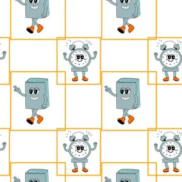 Y2k school groovy seamless pattern. Childrens pattern with school supplies and Stock Illustration