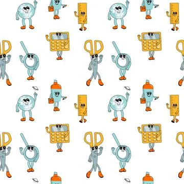 Y2k school groovy seamless pattern. Childrens pattern with school supplies and Stock Illustration