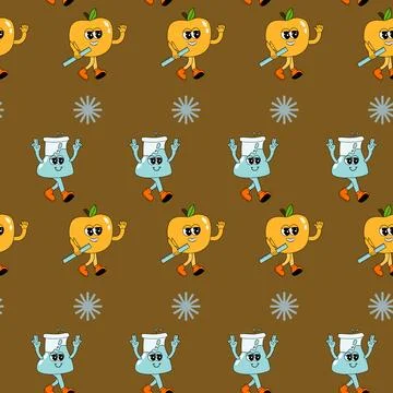 Y2k school groovy seamless pattern. Childrens pattern with school supplies and Stock Illustration