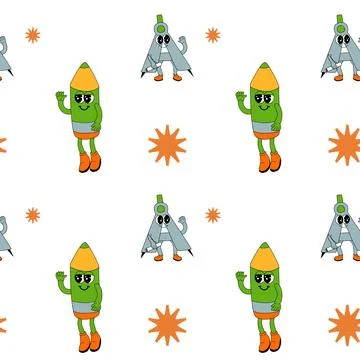 Y2k school groovy seamless pattern. Childrens pattern with school supplies and Stock Illustration