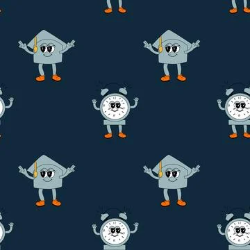 Y2k school groovy seamless pattern. Childrens pattern with school supplies and Stock Illustration