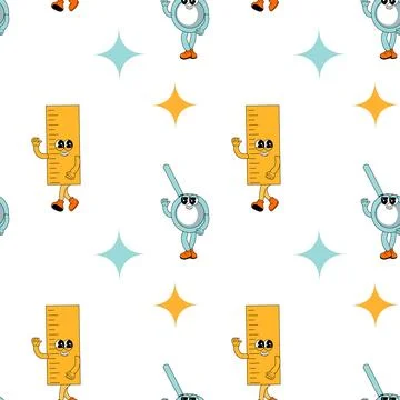 Y2k school groovy seamless pattern. Childrens pattern with school supplies and Stock Illustration