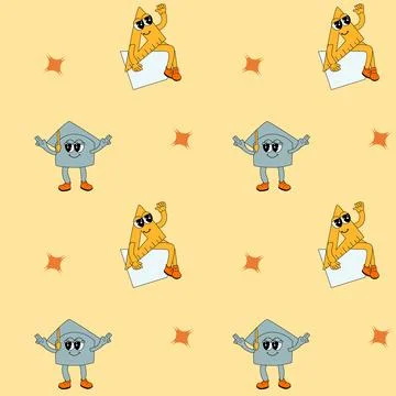 Y2k school groovy seamless pattern. Childrens pattern with school supplies and Stock Illustration