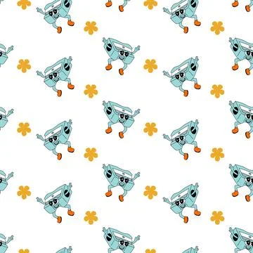 Y2k school groovy seamless pattern. Childrens pattern with school supplies and Stock Illustration