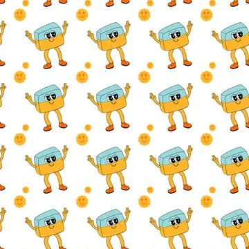 Y2k school groovy seamless pattern. Childrens pattern with school supplies and Stock Illustration