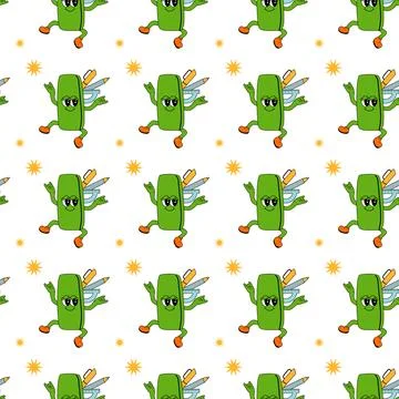 Y2k school groovy seamless pattern. Childrens pattern with school supplies and Stock Illustration