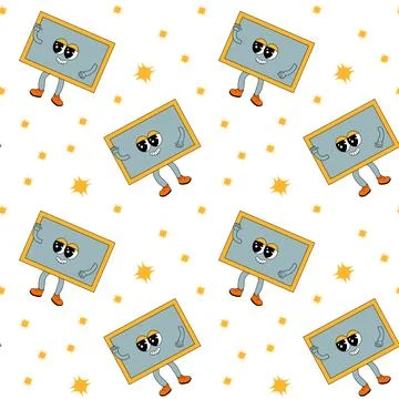 Y2k school groovy seamless pattern. Childrens pattern with school supplies and Stock Illustration