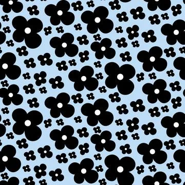 Y2k seamless floral pattern with blue background. Monochrome black scandinavian Stock Illustration