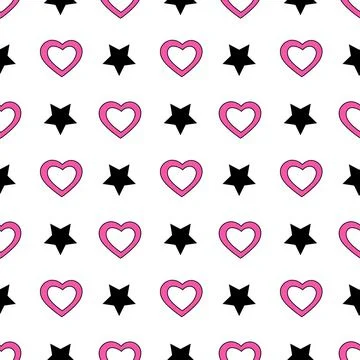 Y2k seamless pattern with abstract pink hearts and black stars. Emo 2000s style Stock Illustration