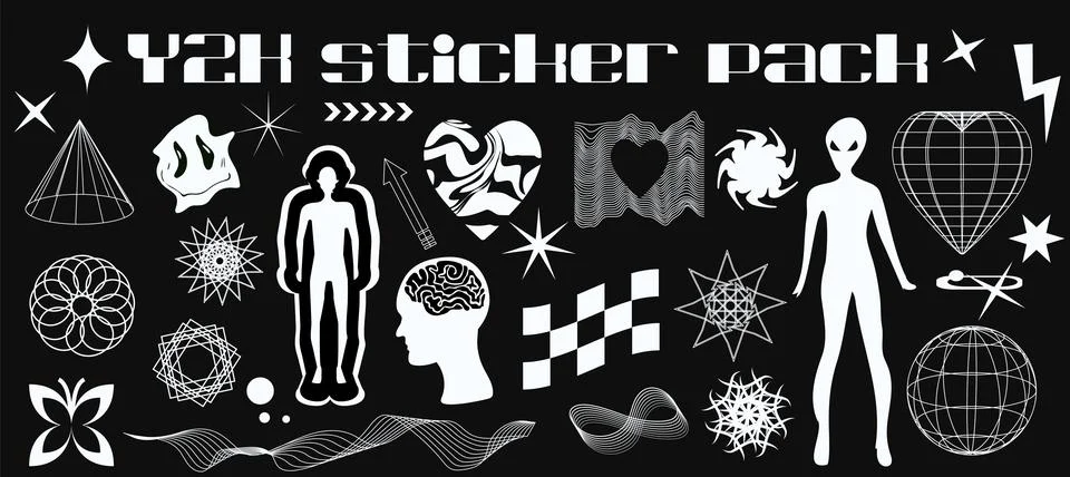 Y2K set of retro elements and abstract brutalism shapes. Future Techno sci-fi Illustrazione stock