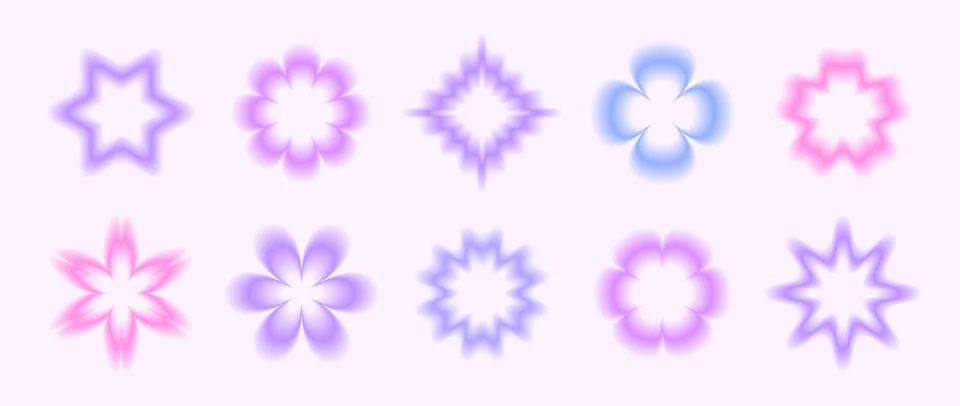 Y2k smooth gradient flowers set. Pastel blurry flower aura collection. Abstract Stock Illustration