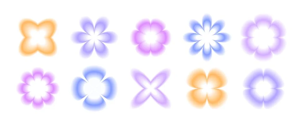 Y2k smooth gradient flowers set. Blurry flower aura collection. Abstract blurred Stock Illustration