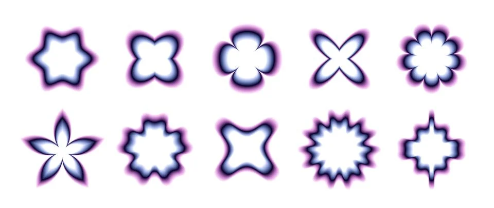 Y2k smooth gradient flowers set. Blurry flowers and stars collection. Abstract Stock Illustration