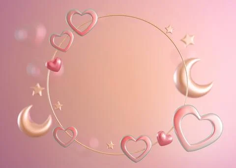 Y2K style 3D render with pink-gold gradient, featuring hearts, moons, and stars 스톡 일러스트