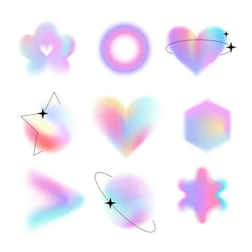 Y2k style blurred gradient shapes set with linear forms and sparkles, blurry Stock Illustration