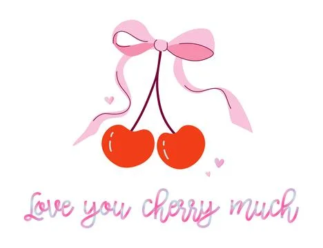 Y2K style Happy Valentine's Day greeting card. Two cherries with coquette bow. Stock Illustration