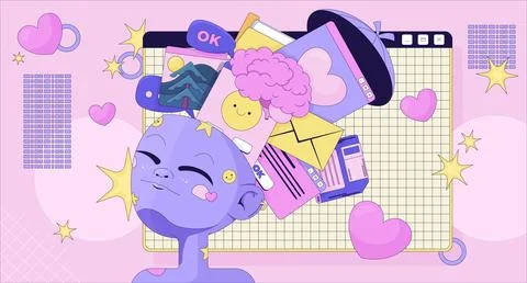 Y2K surreal overflowing mind with digital media lofi illustration Illustrazione stock