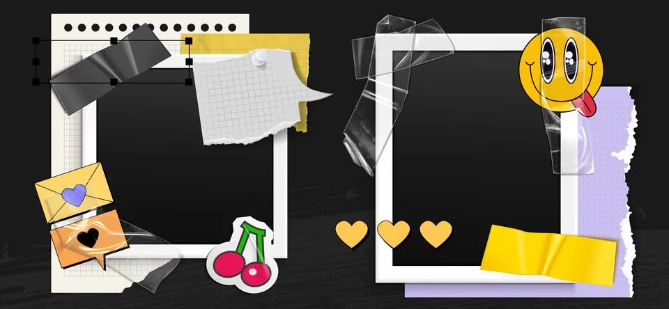 Y2k torn paper notes collage, instant photo frames Stock Illustration