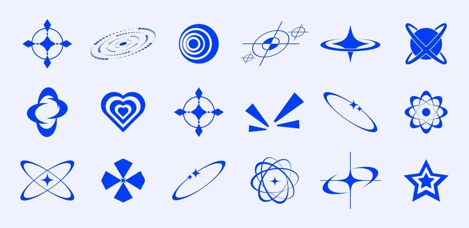 Y2k vector elements of trendy geometric brutalism forms, logos, grids, memp.. Stockillustratie