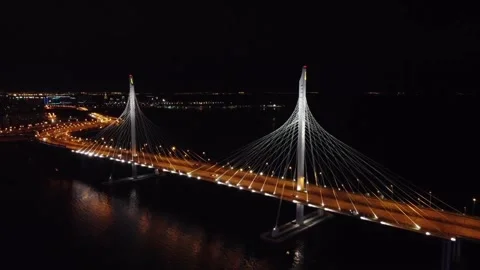 Yacht cable-stayed bridge in the evening in St. Petersburg Stock Footage 152779463