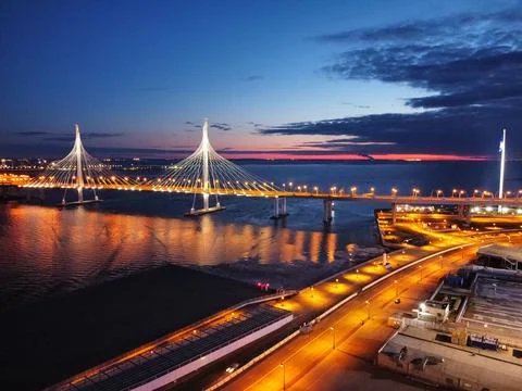Yacht cable-stayed bridge in the evening in St. Petersburg 스톡 사진