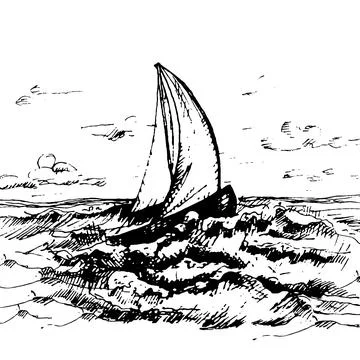 Yacht floating on the sea waves. Vector vintage hatching black illustration.. Stock Illustration