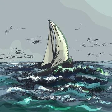 Yacht floating on the sea waves. Vector vintage hatching color illustration.. Stock Illustration