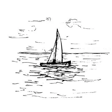 Yacht floating on the sea waves. Vector vintage hatching black illustration.  Stock Illustration