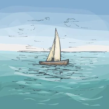 Yacht floating on the sea waves. Vector vintage hatching color illustration.  Stock Illustration