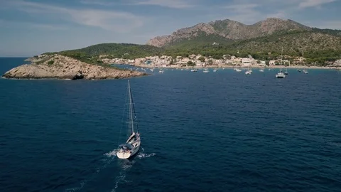 Yacht Sailing to the Harbour in Mallorca Stock Footage