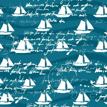 Yacht seamless pattern, unreadable text, handwritten notes, palm, sunset, vector Stock Illustration