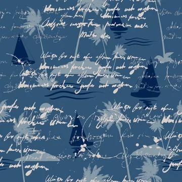 Yacht seamless pattern, unreadable text, handwritten notes, palm, sunset, vector Illustrazione stock