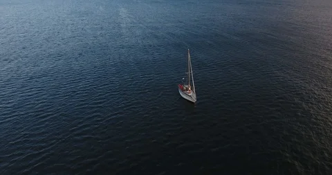 Yacht Without Sails In Open Sea. Aerial View Stock Footage 92952059
