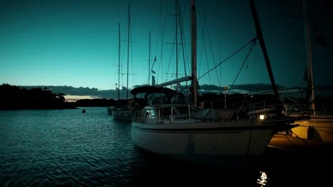 Yachts and boats in old port in mediterranean sea at night, sunset Видео 74065553